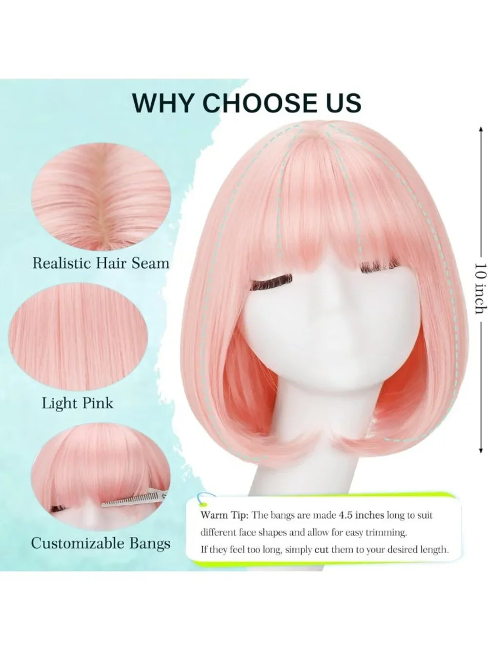 Light Pink Bob Wig with Bangs - Trendy, Stylish, Adjustable Length for Women